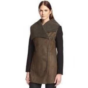 Faux Leather & Wool SAM EDELMAN Fleece Lined Shawl Coat Large Sherpa Lined